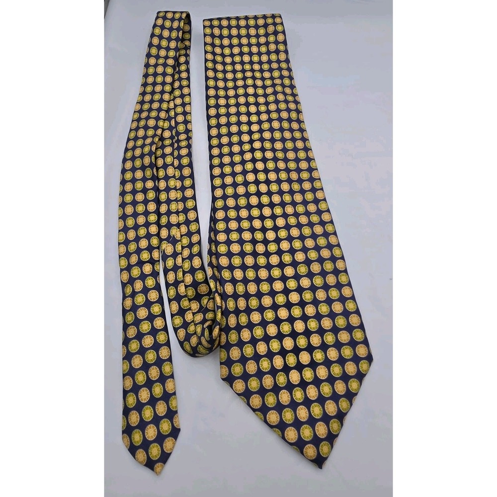 Vtg Mens Perry Ellis Navy w/ Citrus Slice Dots 100% Italian Silk Tie Made In USA